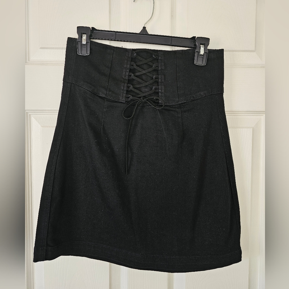 Express black denim pencil skirt corset tie from